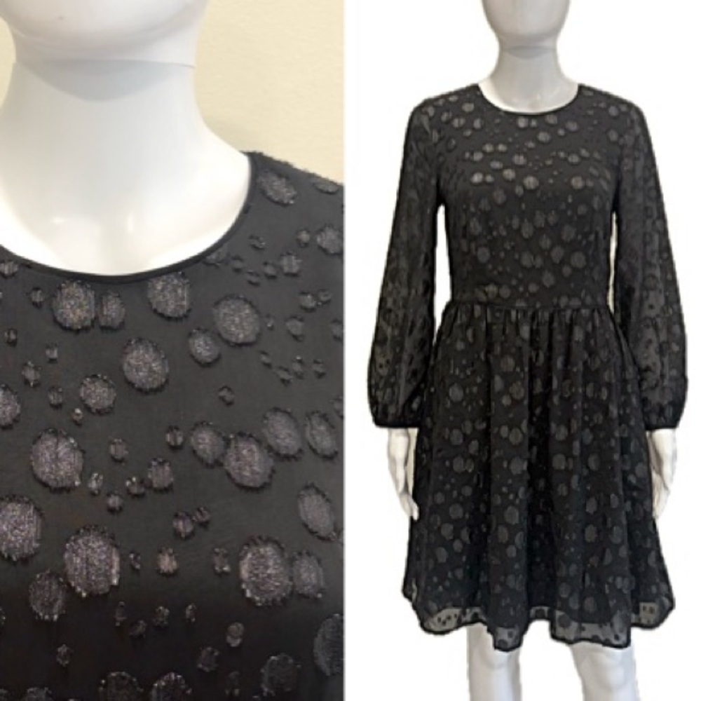 J. Crew Black Metallic Dot Jacquard Dress Size 0 XS Sheer Balloon Sleeve A-Line